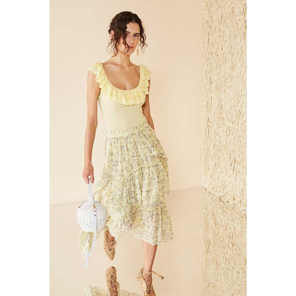 Ulla Johnson Marilyn Ruffled Silk Georgette Skirt in Acacia Floral Yellow Runway - Picture 3 of 12